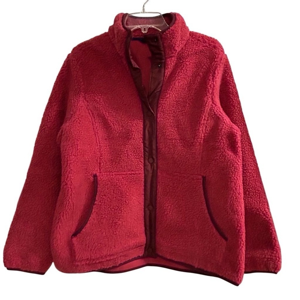 Lands' End Women's Sherpa Fleece‎ Jacket Red Size M Snap Button Closure Pockets